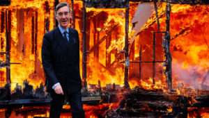 Jacob Rees Mogg at a large fire