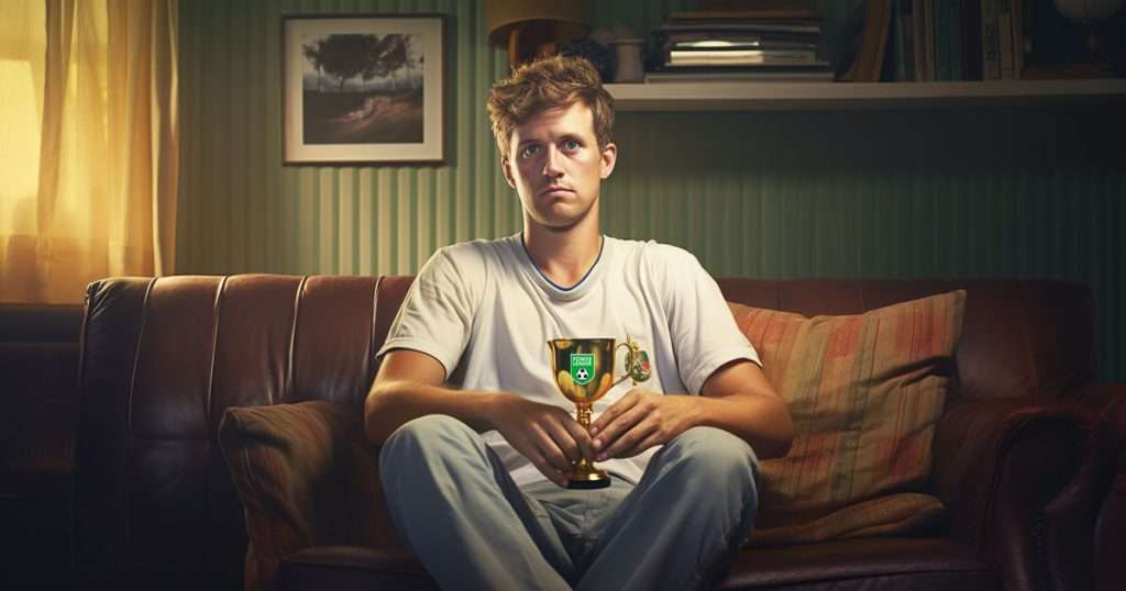 man on sofa with small football trophy
