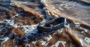small boat surrounded by turds in the sea
