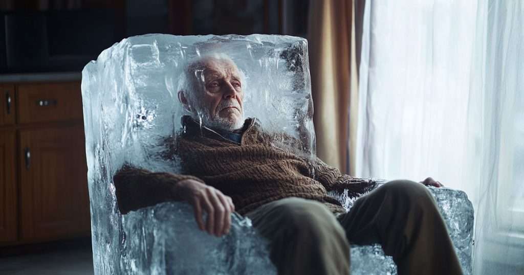 old man sat in a block of ice at home