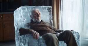 old man sat in a block of ice at home