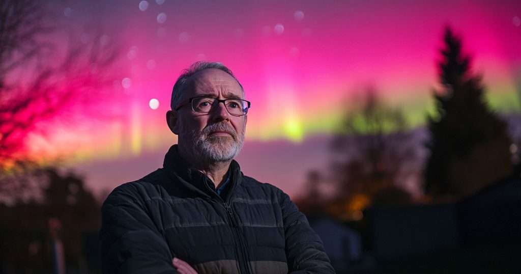 man with aurora borealis