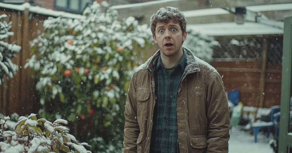 shocked man standing in garden with light snow