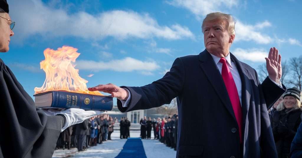 donald trump being inaugurated bible on fire