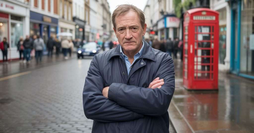 unhappy man on English street
