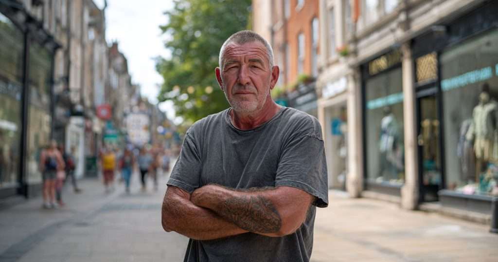 unhappy man arms folded UK high street