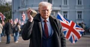 Donald Trump outside migrant hotel with a brick