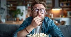 Man watching TV with popcorn