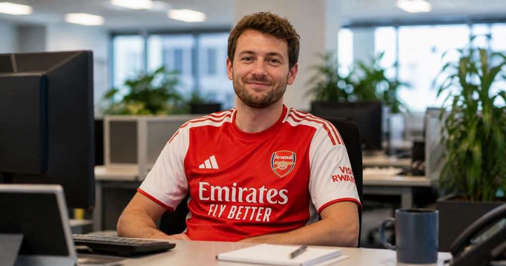 Arsenal fan sat at his desk at work looking smug