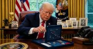 Donald Trump playing battleship in the Oval Office.