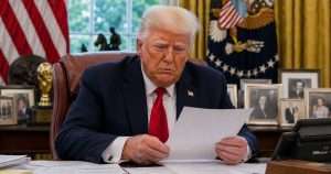 Donald Trump reading in the oval office