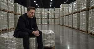 Elon Musk surrounded by money looking sad