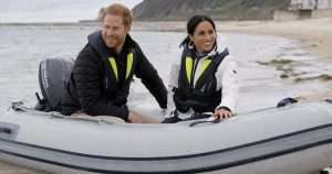 Harry and Meghan arriving by small boat
