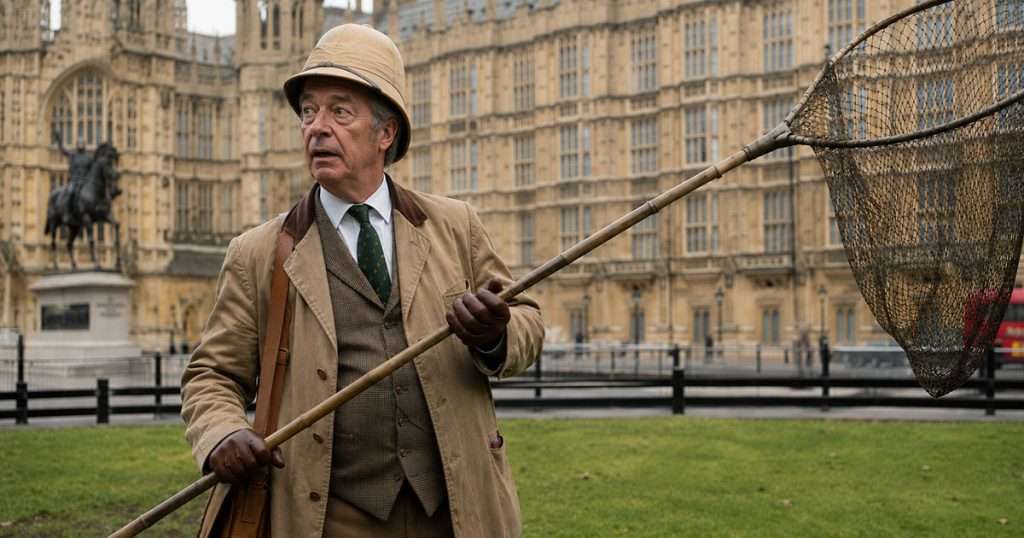 Nigel Farage outside parliament with a net