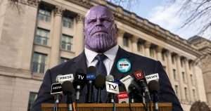 Thanos giving a press conference on Reform UK donation.